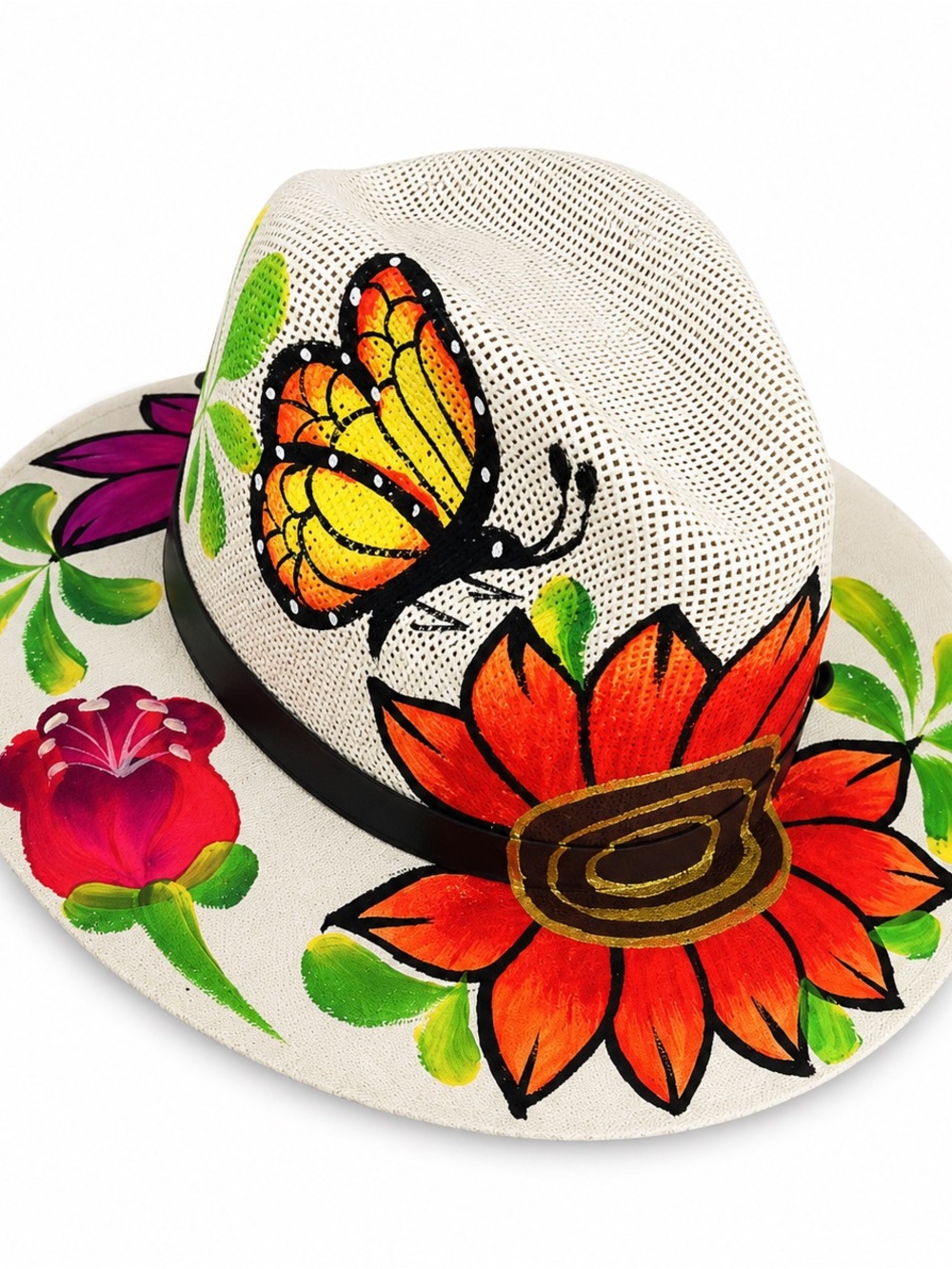 Hand Painted Women’s Cowboy Hat Floral Butterfly Boho Festival Cream New